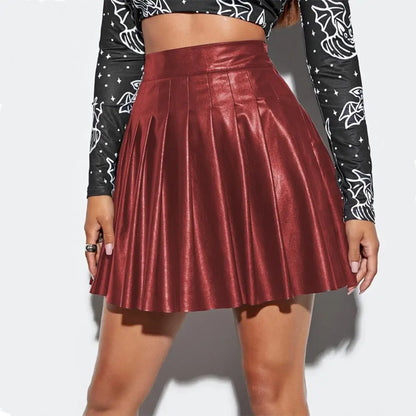 Skirt Chic Faux Leather Pleated Skirts Women's High-Waisted A-Line Clubwear