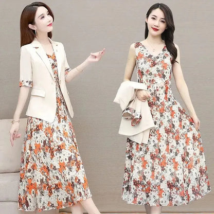 Spring Summer Thin Blazers Dress Set - Casual Suit Jacket, Mid Skirt