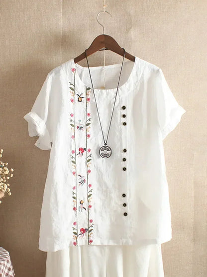 5XL Fashion Flower Embroidery Cotton Linen Shirt Casual Summer Women O-neck Short Sleeve White Pullover Top Elegant Street Blous