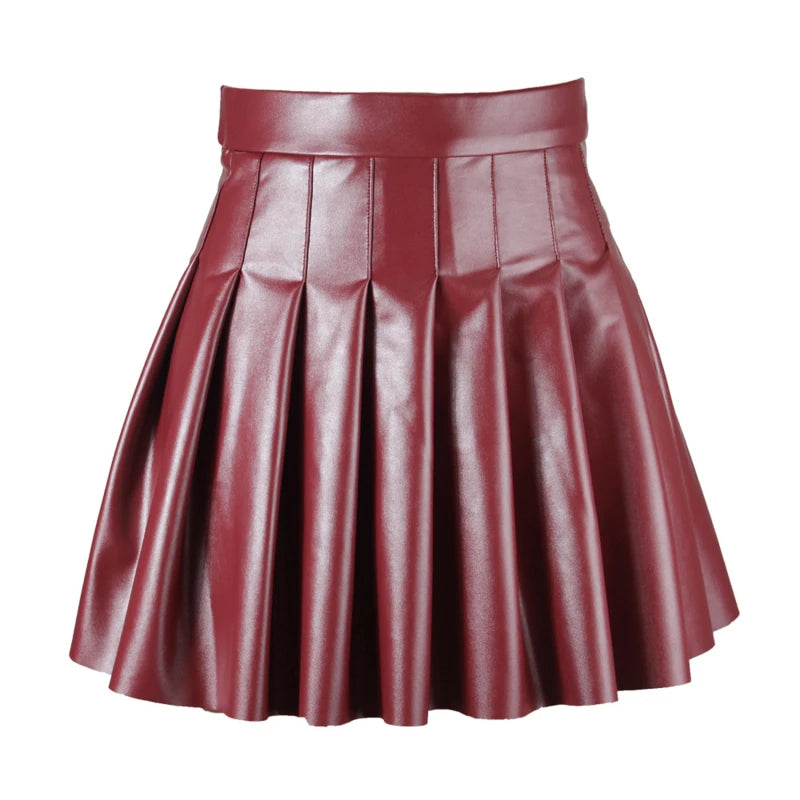 Women's Leather Miniskirt High Waist Pleated Circle Skirt Clubwear Fashion