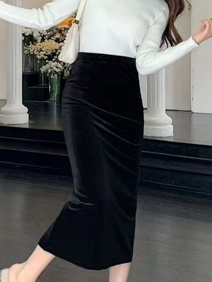 Velvet Black Long Skirts Women's Autumn Winter High Waist