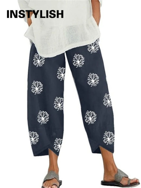 Women's Cotton Linen Harem Pants Vintage Printed Wide-Leg