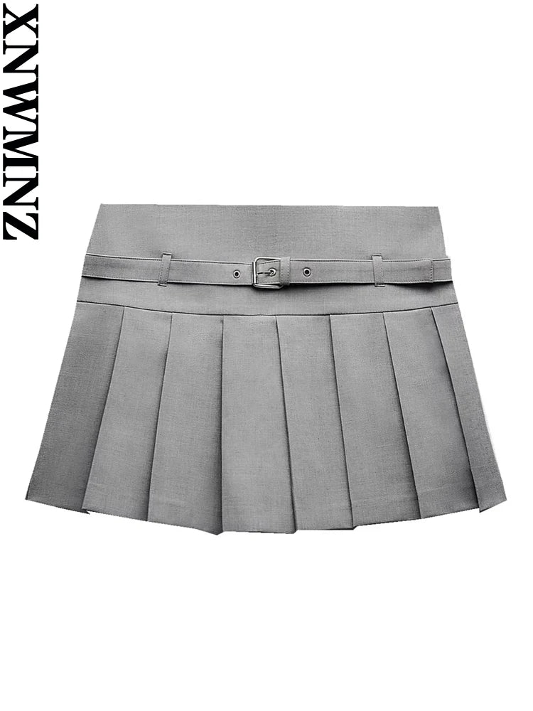 Women's Fashion Autumn Box Pleat Skort Vintage Belt Mini Skirt