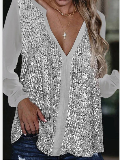 Women Blouse Plus Size V Neck Blouse Casual Loose Sequin Ladies Tops Women Shirt Top Long Sleeve Blouses Womens Tops Blouses