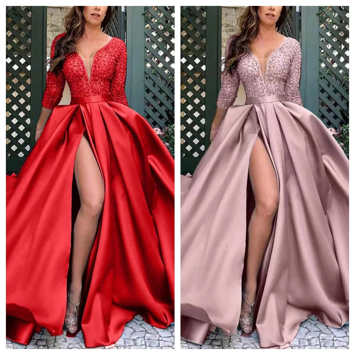 Women's Dress Spring Sexy Slim Lace Stitching Split Dress Women's Fashion Long Sleeve V-neck High Waist Party Formal Dress