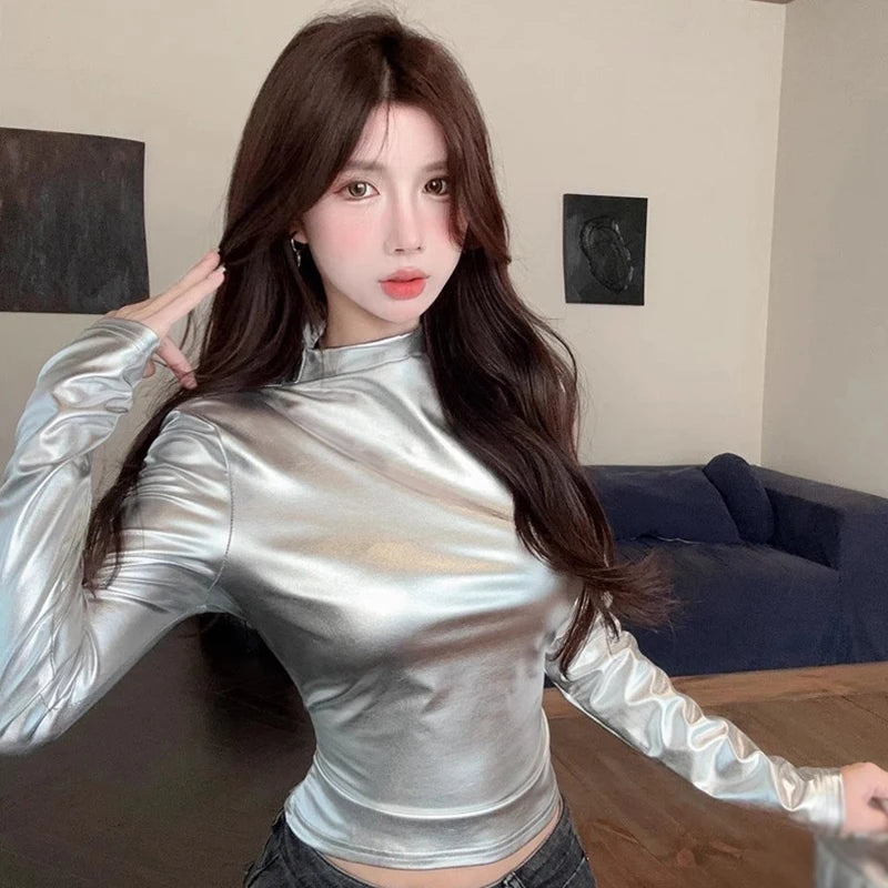 Women's Turtleneck Glossy Blouse Slim Fit Long Sleeve T-Shirt Tops Shiny Strecth Solid Tee Tops