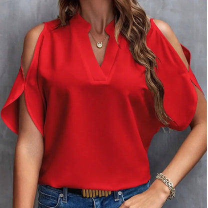 Elegant Women's Shirt Blouse2024 Summer V-neck Off Shoulder Sleeves Solid Color Shirt Chiffon Office Lady Y2k Shirt