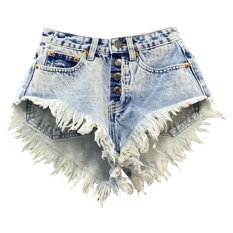 High Waist Single Breasted Women's Jeans Hot Pants Fringed