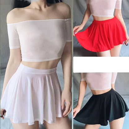 Low Waist A-Line Pleated Skirt Woman Sexy Transparent