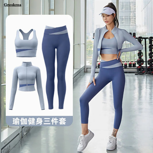 Women's Yoga Patchwork Fitness Gym Coats Bra Leggings Tracksuit