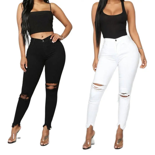 Black And White Ripped Jeans Women's Casual Skinny Pencil