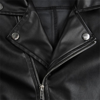 Vangull Faux Leather Cropped Jackets Punk Black Coat Gothic Overcoat With Chains