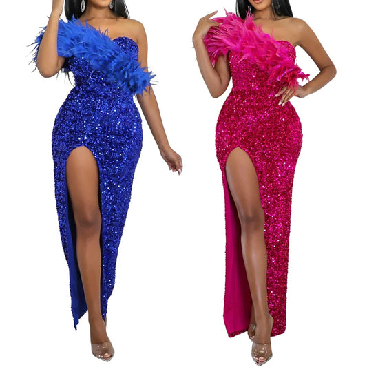 High Slit Dresses - Criss-Cross Long Dress, Sequin Party Dress