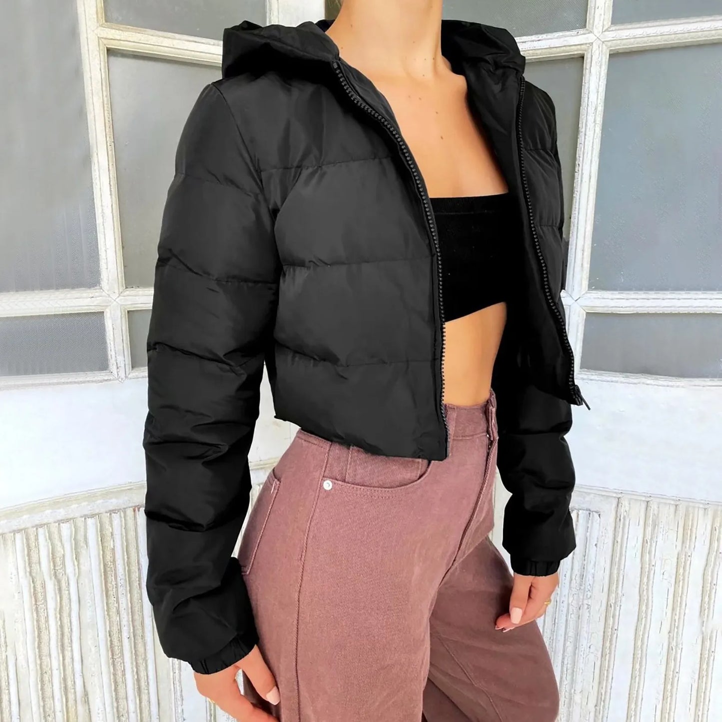 Winter Hooded Puffer Jacket - Women’s Warm Cropped Coat