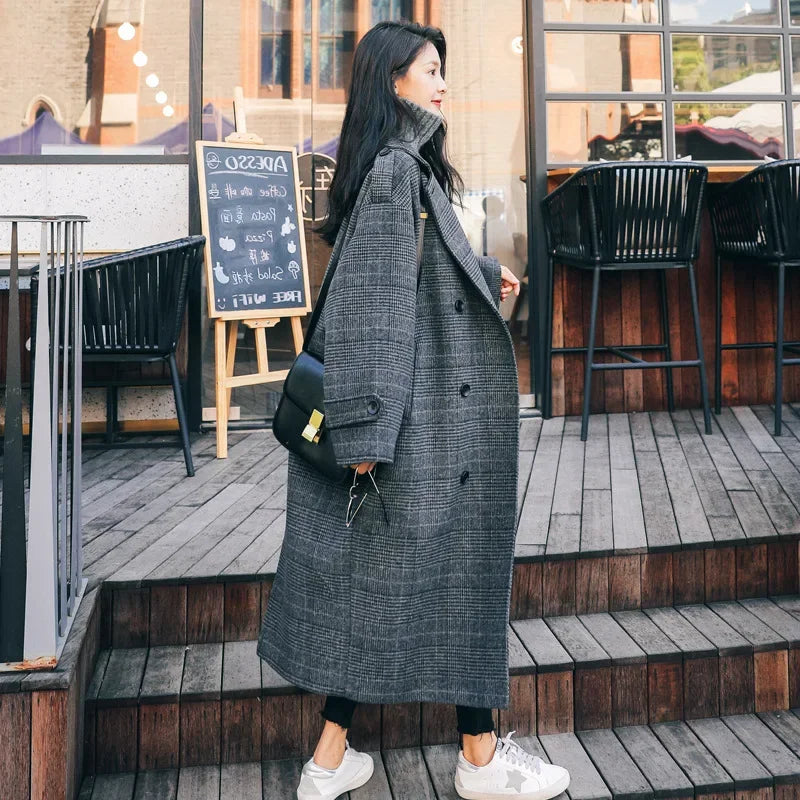 Women's Woolen Coat - Plaid Long Korean Style