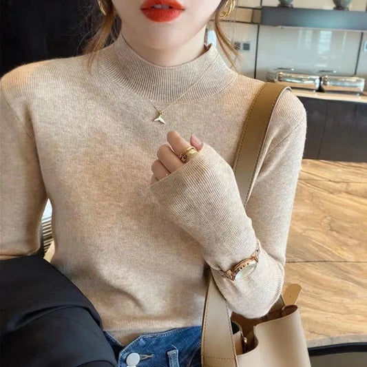 Fashion Half Turtleneck Pullover Sweater Elegant Long Sleeve Basic Knitted Tops Autumn Winter Jumper Women Clothes Sueter 23944