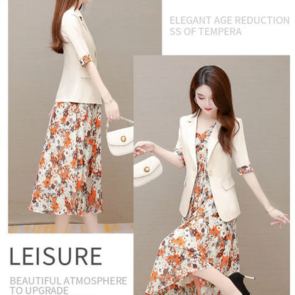 Spring Summer Thin Blazers Dress Set - Casual Suit Jacket, Mid Skirt