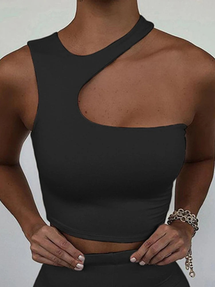 Cut Out Sexy Crop Off Shoulder Solid Skinny Sport Short Tops Women Tank Irregular Summer Tube Tops