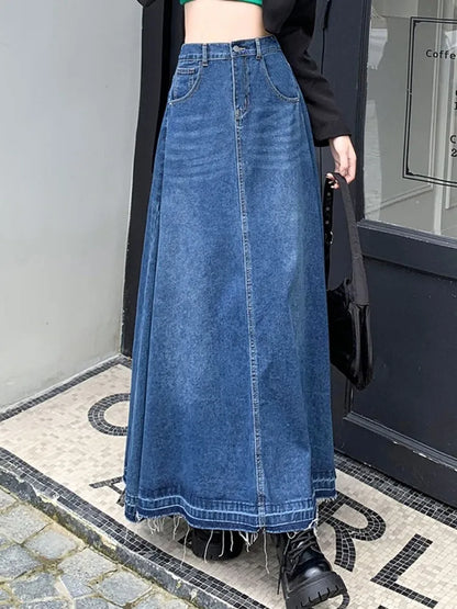 Zhisilao A-Line Long Denim Skirt Women's Vintage Casual Jeans