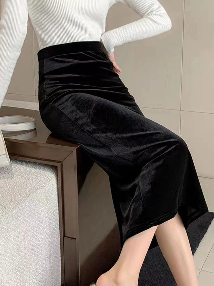 Velvet Black Long Skirts Women's Autumn Winter High Waist