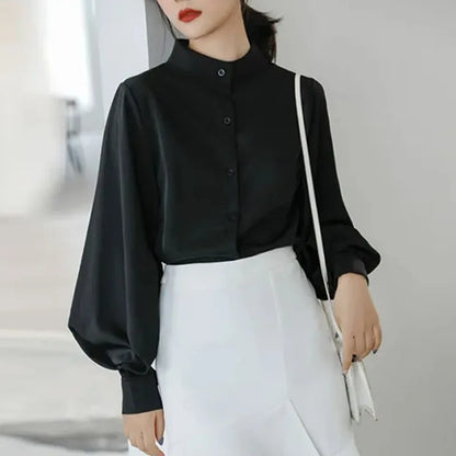 Women Solid Shirt Elegant Stand Collar Lantern Long Sleeve Female Blouse Summer Korean Fashion Office Button Ladies Tops