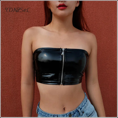 Women PU Leather Tube Bra Crop Tops Black Sexy Strapless Front Zipper Faux Leather Tank Top Nightclub Non-Padded Bra Tube Custom