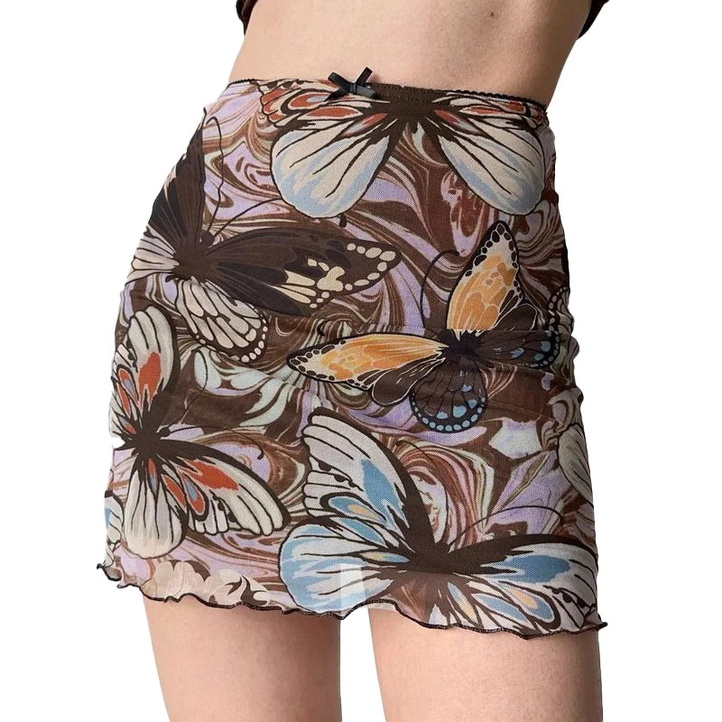 Korean Style Mini Bodycon Skirt Butterfly Print High Waist