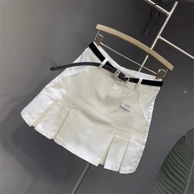 Korean Washed Cotton White Denim Pleated Skirt New Women's