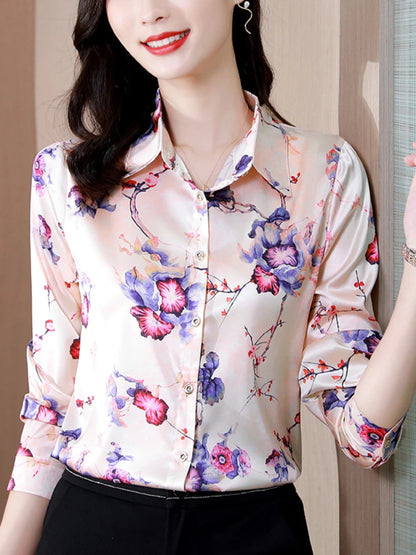 Silk Women's Shirt Long Sleeve Blouse Fashion 2024 Spring New Womens Tops Basic Floral Shirts for Women OL Satin Female Clothing