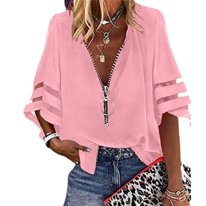 Casual Women's Shirt Top 2023 Summer Sexy V-Neck Zipper 3/4 Flare Sleeve Solid Color Patched Loose Blouse Women Clothing S-XXL