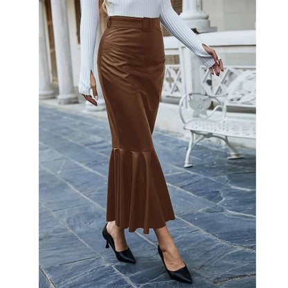 Muslim Fashion Women's Long Pu Leather Skirt High Waist