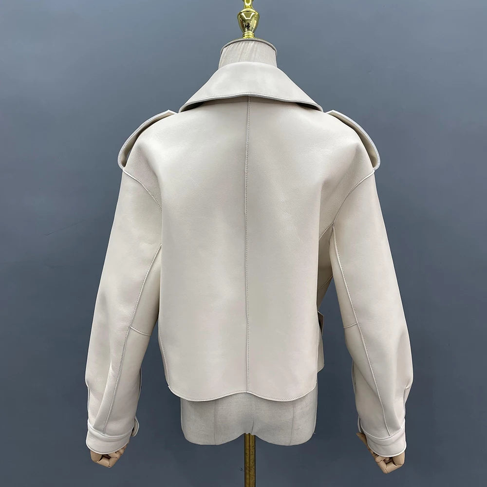 White Real Sheepskin Leather Jacket - Fashion Loose Short