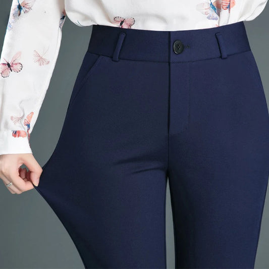 Spring Autumn Casual Button Elastic Mid Waist Black Navy Blue Straight Trousers