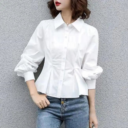 Lady Shirt Spring Fall Blouse Big Hem OL Style Solid Color Women Office Shirt Collar Commute Lady Office Shirt Women Garment