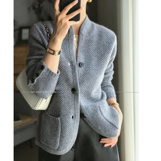 2023 Autumn winter new thickened 100% pure cashmere cardigan women stand neck sweater sweater loose knit base sweater jacket