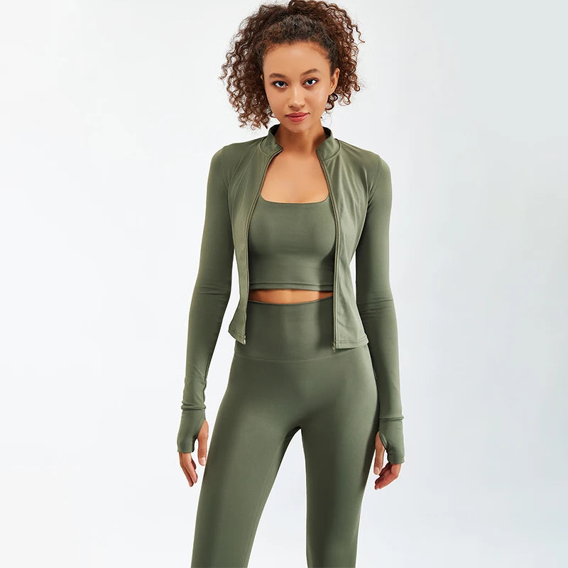 Newest Zipper Long Sleeve Yoga Set High Waist Fitness Sport Gym Suit