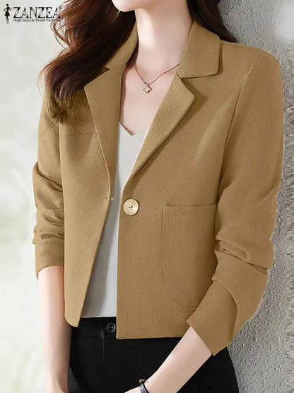 ZANZEA Stylish Work Blazer - Autumn Elegant Office Lady Suits Blazer, Casual Solid Crop Top, Lapel Neck Long Sleeve Outwear