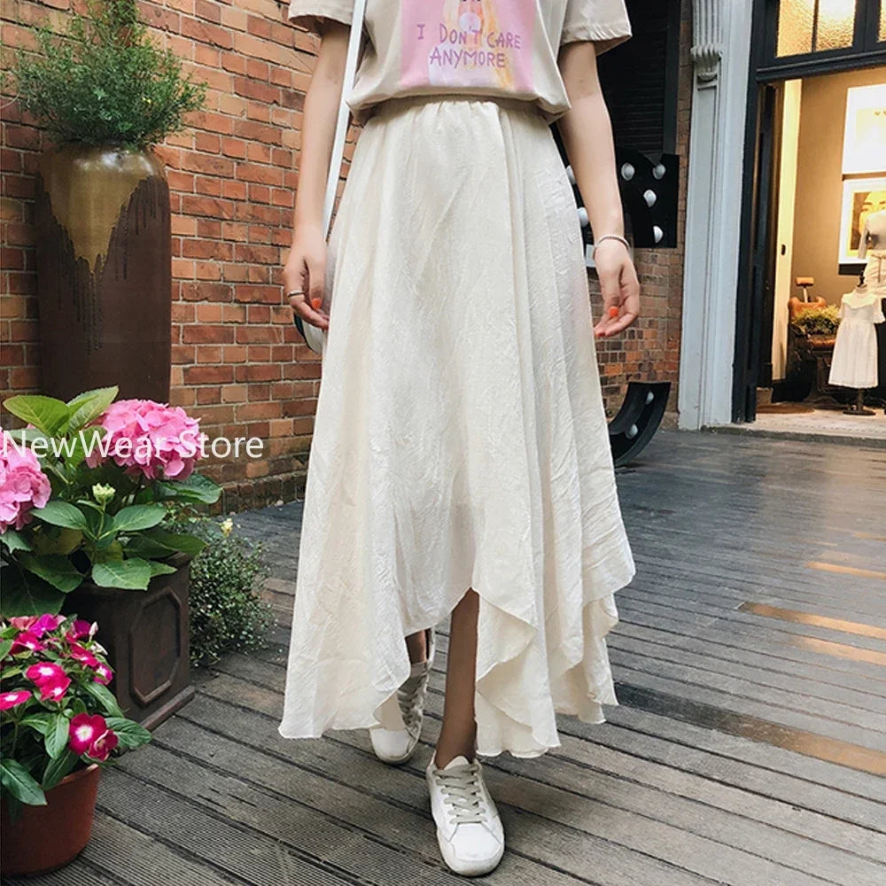 Blue Linen Skirt Bohemian Long Irregular Summer Beach Skirt