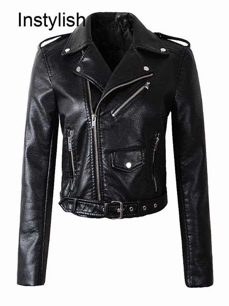 Women's Faux Leather Zipper Jacket - PU Leather, Crop Coat, Motorcycle Biker Outwear