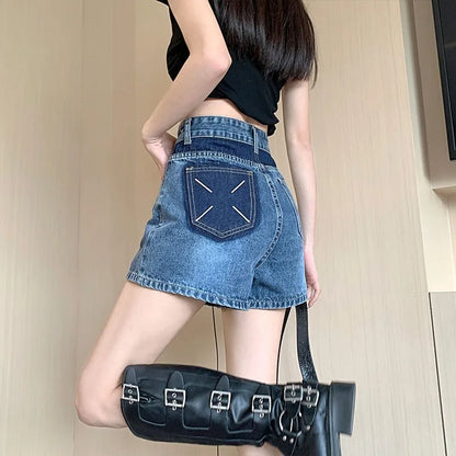 Blocking Retro Denim Shorts Women's Summer High Waisted Baggy