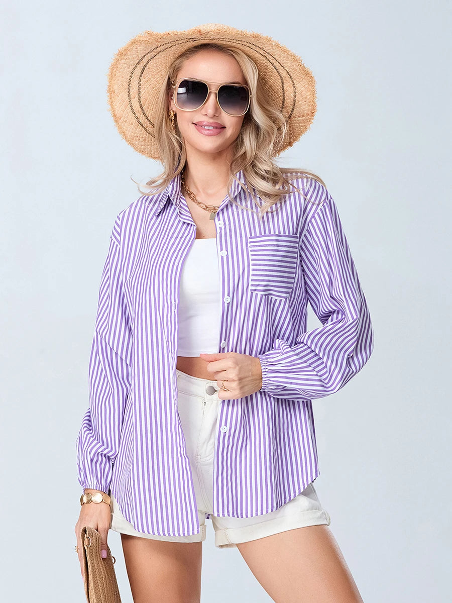 wsevypo Women’s Casual Striped Shirts Autumn Fashion Long Sleeve Turn down Collar Button Down Blouses Tops Basic Loose Shirt