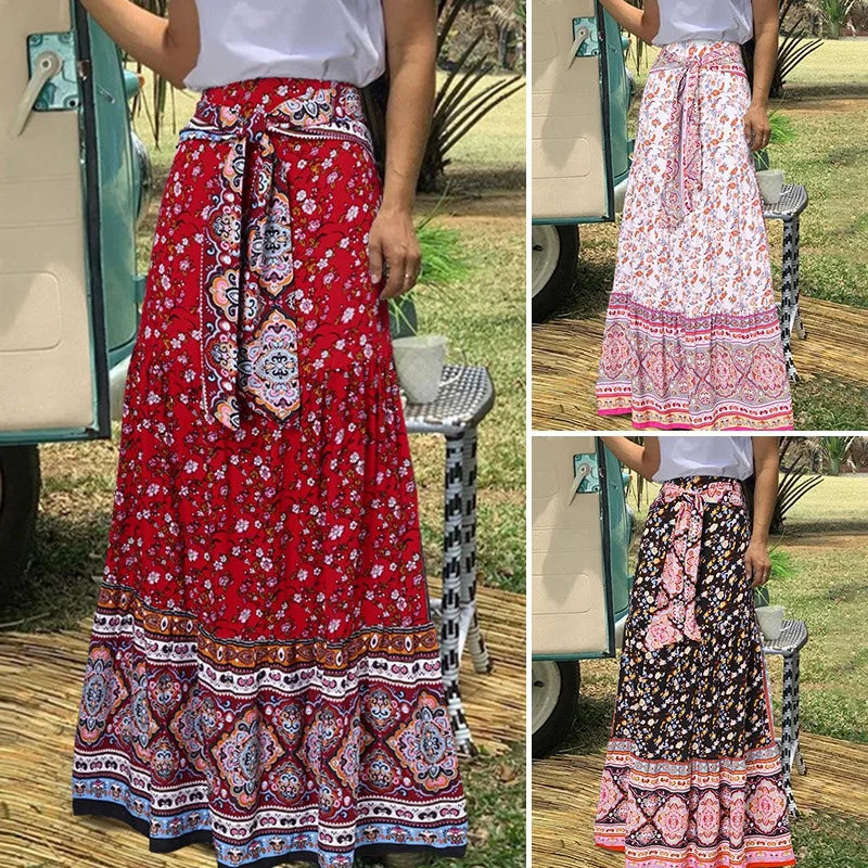 Women's Bohemian Floral Print High Elastic Waist Maxi Skirts