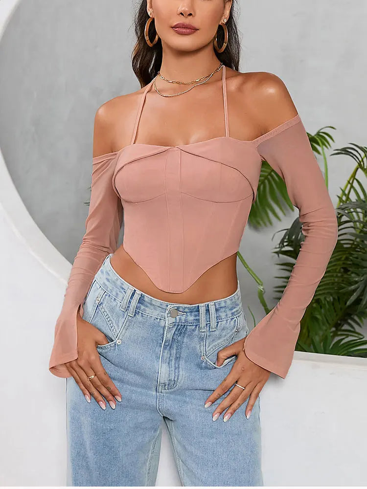 NewAsia Solid Full Sleeves Halter Corset Top For Women Summer Sexy Off The Shoulder Backless Slim Vest Fashion Party Empire Robe