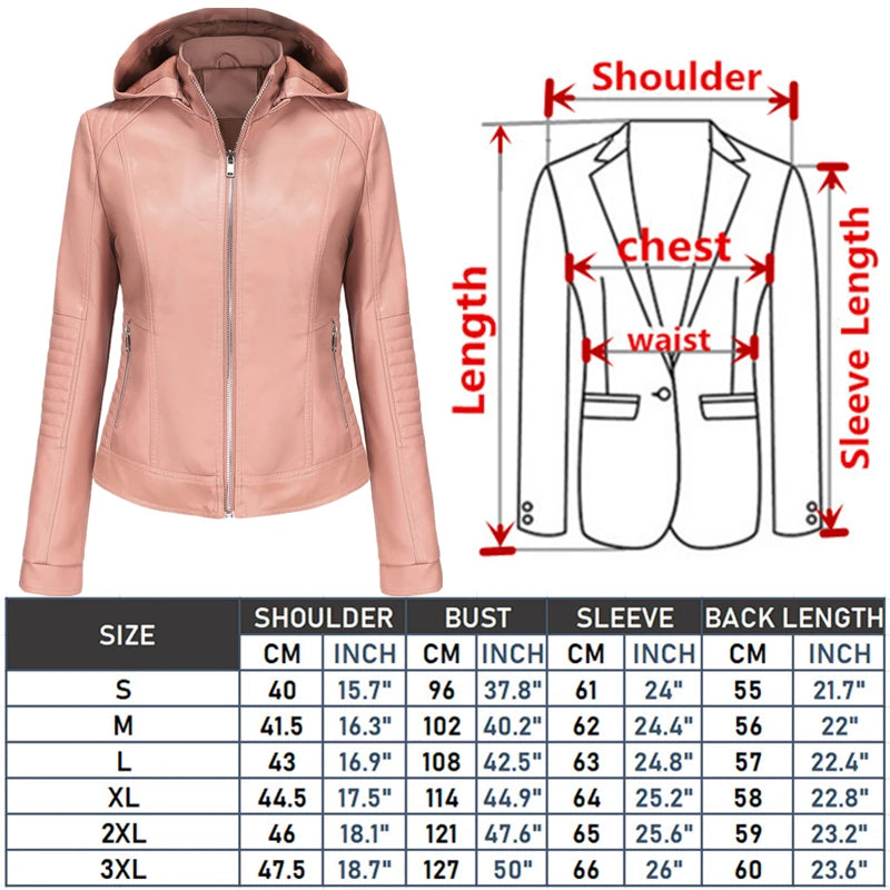 Women’s Hooded Leather Jacket - Windproof Fashion PU Coat