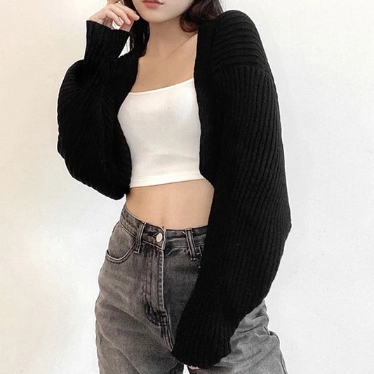 Women's Knit Open Front Sweater Long Sleeve Button Loose Short Cardigan Outerwear Coats