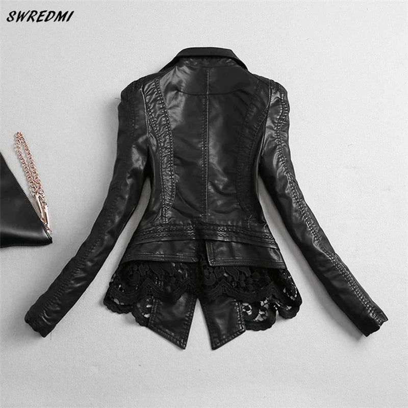 SWREDMI Women's Leather Jacket Lace Stitching Leather Clothing S-4XL