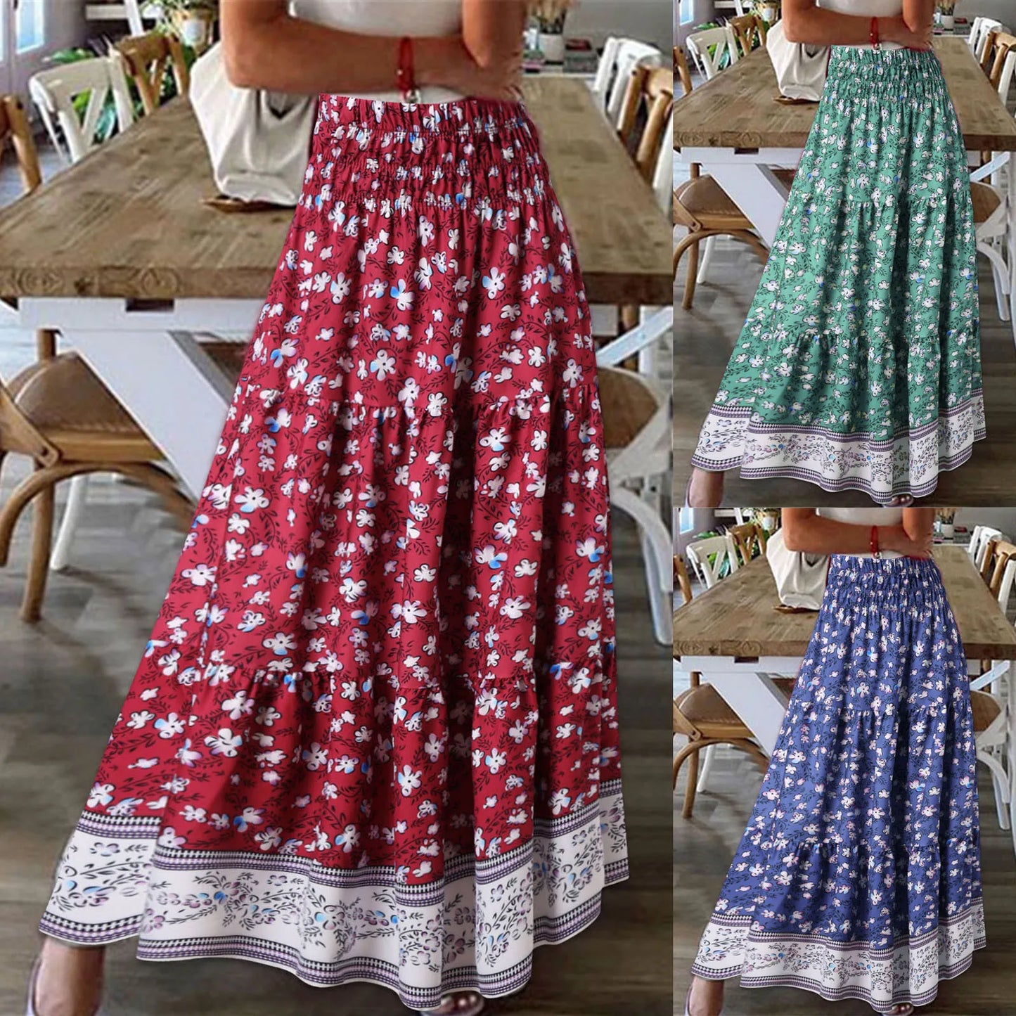 Retro Floral Print Skirts Women's Summer High Waist A-Line