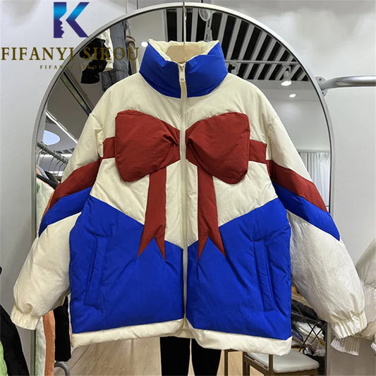 Patchwork Down Jackets Women Short Parka Spliced Cotton Coat Casual Warm Jacket