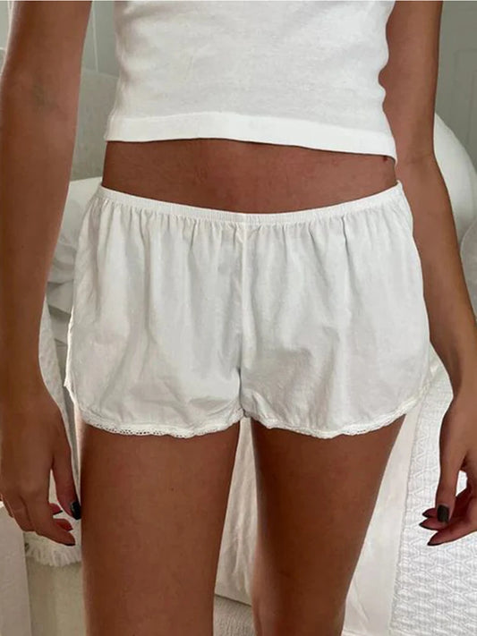 Sweet Lace Trim White Shorts Women's Summer Cotton Solid