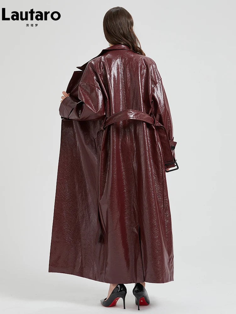 Extra Long Burgundy PU Leather Trench Coat - Women's Belted Designer Maxi Overcoat